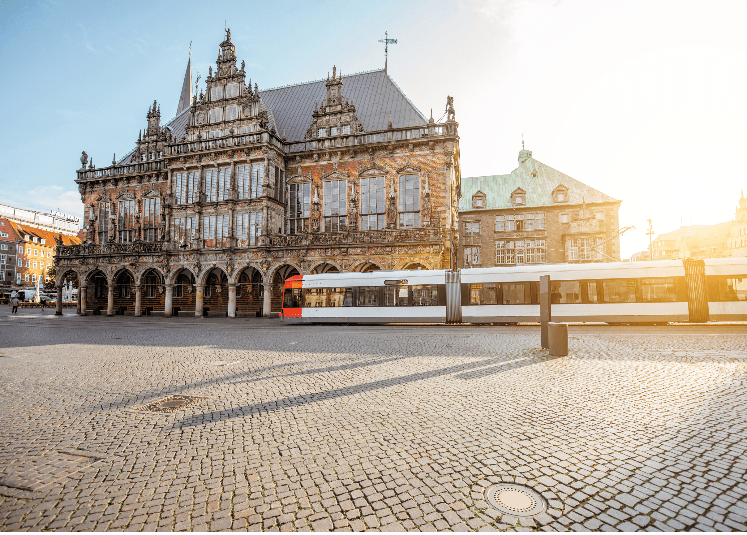 Morning view on the city hall with tram on the Market square in Bremen city, Germany