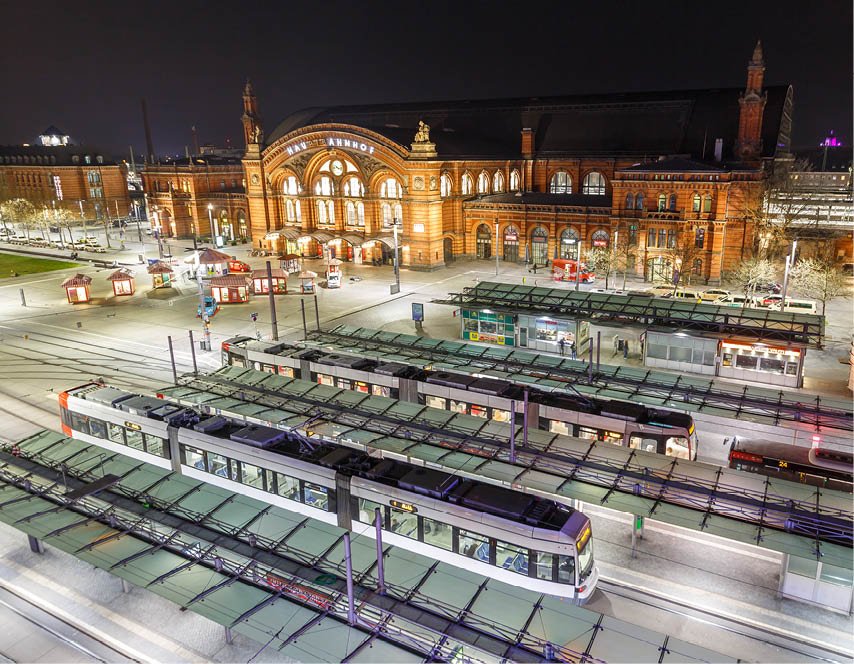 Bremen, Germany - April 19, 2021: Tram public transport Hauptbahnhof main station in Bremen, Germany.