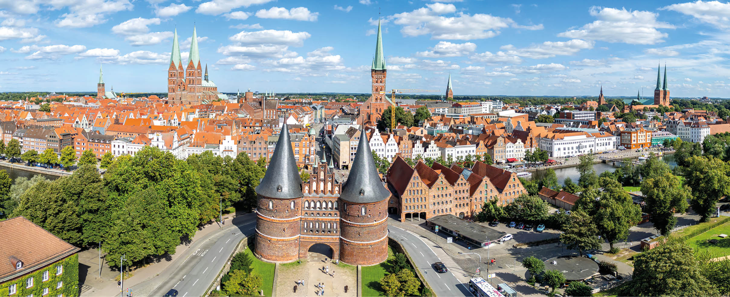Holsten Gate Holstentor aerial view photo panorama Hanseatic city town of L beck in Germany