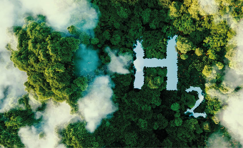 A concept metaphorically depicting hydrogen as an ecological energy source in the form of a pond in the middle of a virgin jungle. 3d rendering.